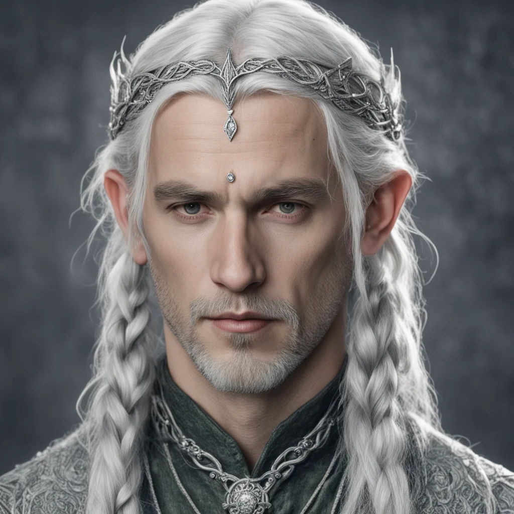 tolkien young king olwe with silver hair with braids wearing silver sindarin elvish circlet with diamonds