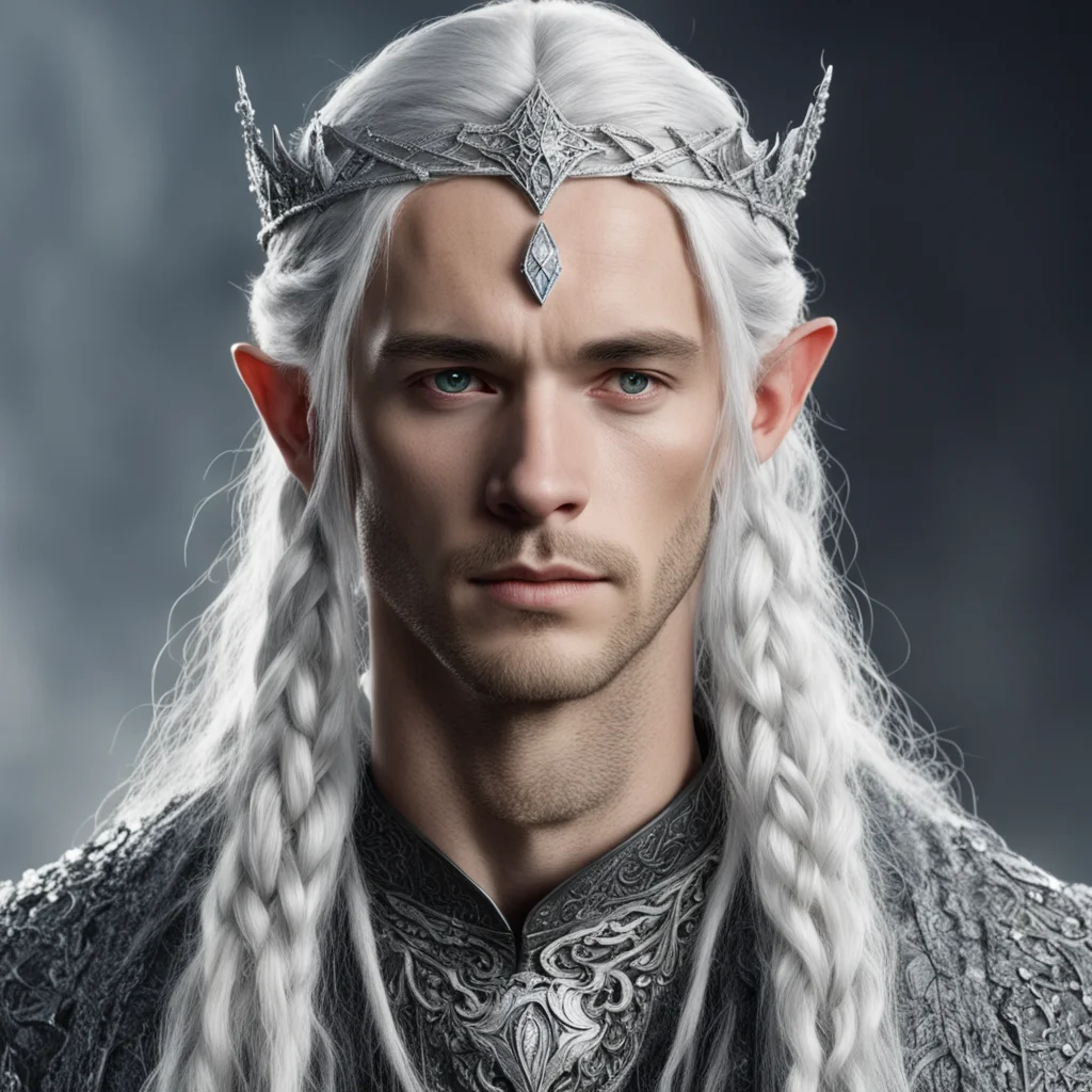 tolkien young king olwe with white hair and braids wearing silver elvish circlet encrusted with diamonds with large center diamond amazing awesome portrait 2