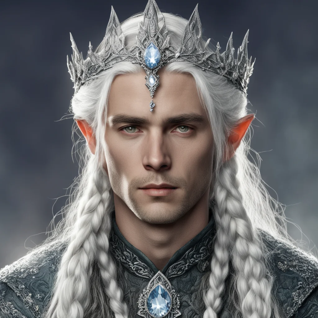 tolkien young king olwe with white hair and braids wearing silver elvish circlet encrusted with diamonds with large center diamond