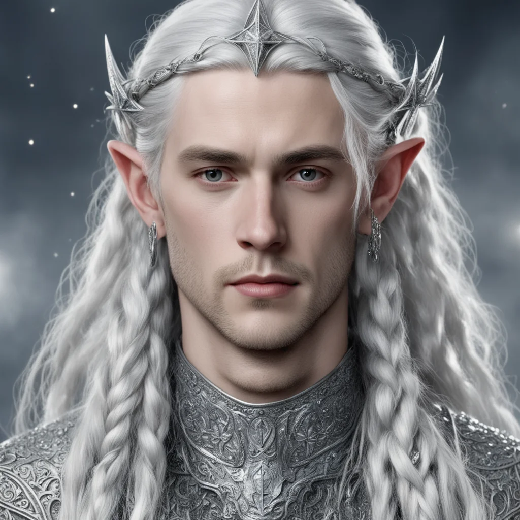 tolkien young lord celeborn with silver hair and braids wearing large silver stars encrusted and studded with diamonds to form silver elvish circlet with large center diamond 