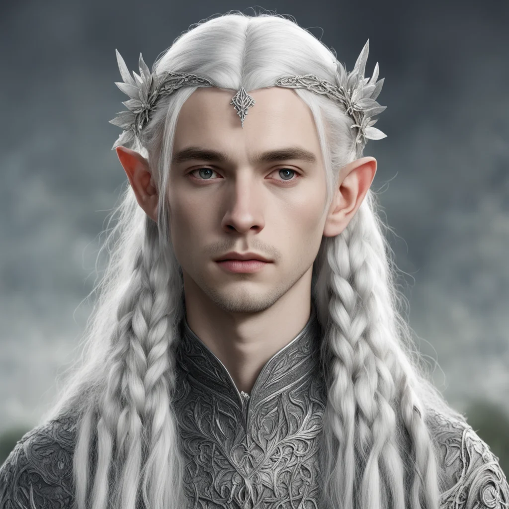 tolkien young lord celeborn with silver hair and braids wearing silver twig and diamond flower silver elvish circlet with large center diamond  confident engaging wow artstation art 3