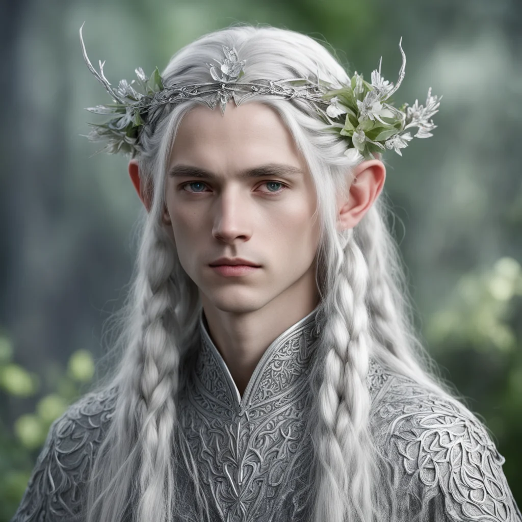 tolkien young lord celeborn with silver hair and braids wearing silver twig and diamond flower silver elvish circlet with large center diamond  good looking trending fantastic 1