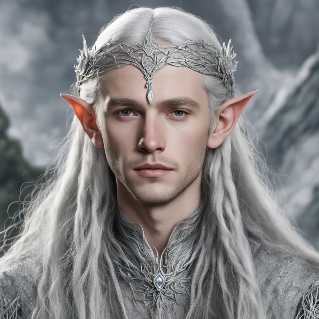 tolkien young lord celeborn with silver hair and braids wearing silver twig and diamond flower silver elvish circlet with large center diamond 