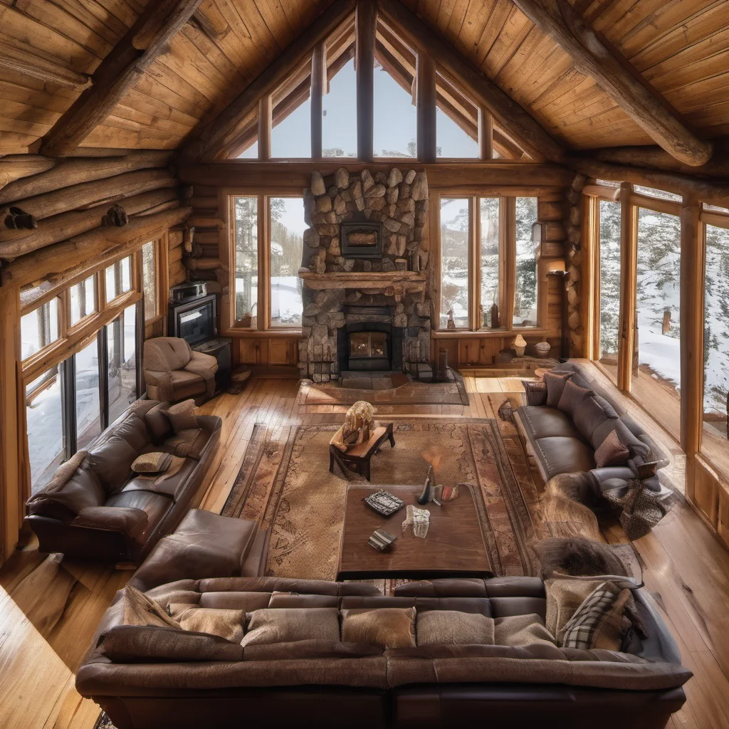 top view on the rustic livingroom of a lodge with a fireplace and 4 doors 