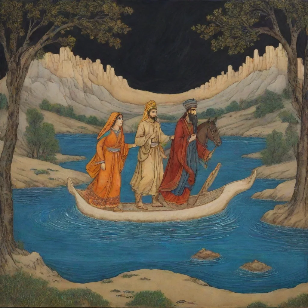 aitrending 2 young man with one woman crossing from riverwith shahnameh design art dark good looking fantastic 1