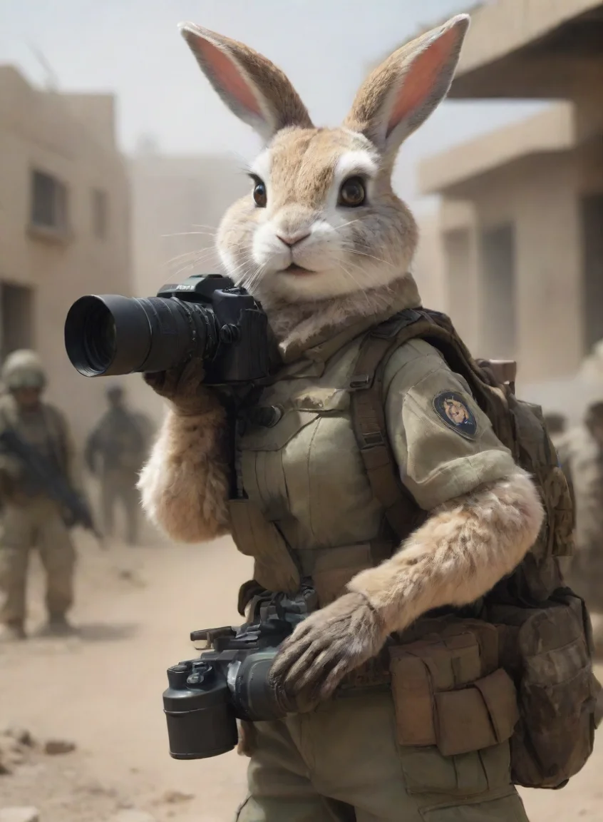 aitrending a anthropomorphic femenine furry rabbit woman with camera in a warzone hd good looking fantastic 1 portrait43