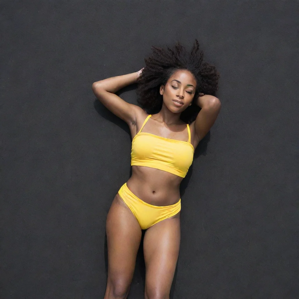 aitrending a beautiful black girl in yellow biki sunbaking on black sand good looking fantastic 1