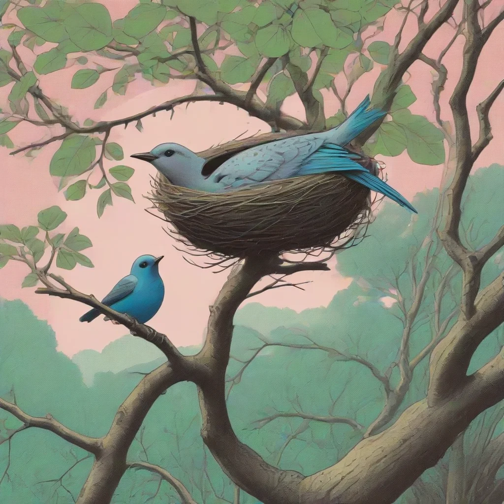 aitrending a bird on a branch next to a nest in a lush tree in beautiful nature  risograph  in the style of chris ware ar 54 good looking fantastic 1