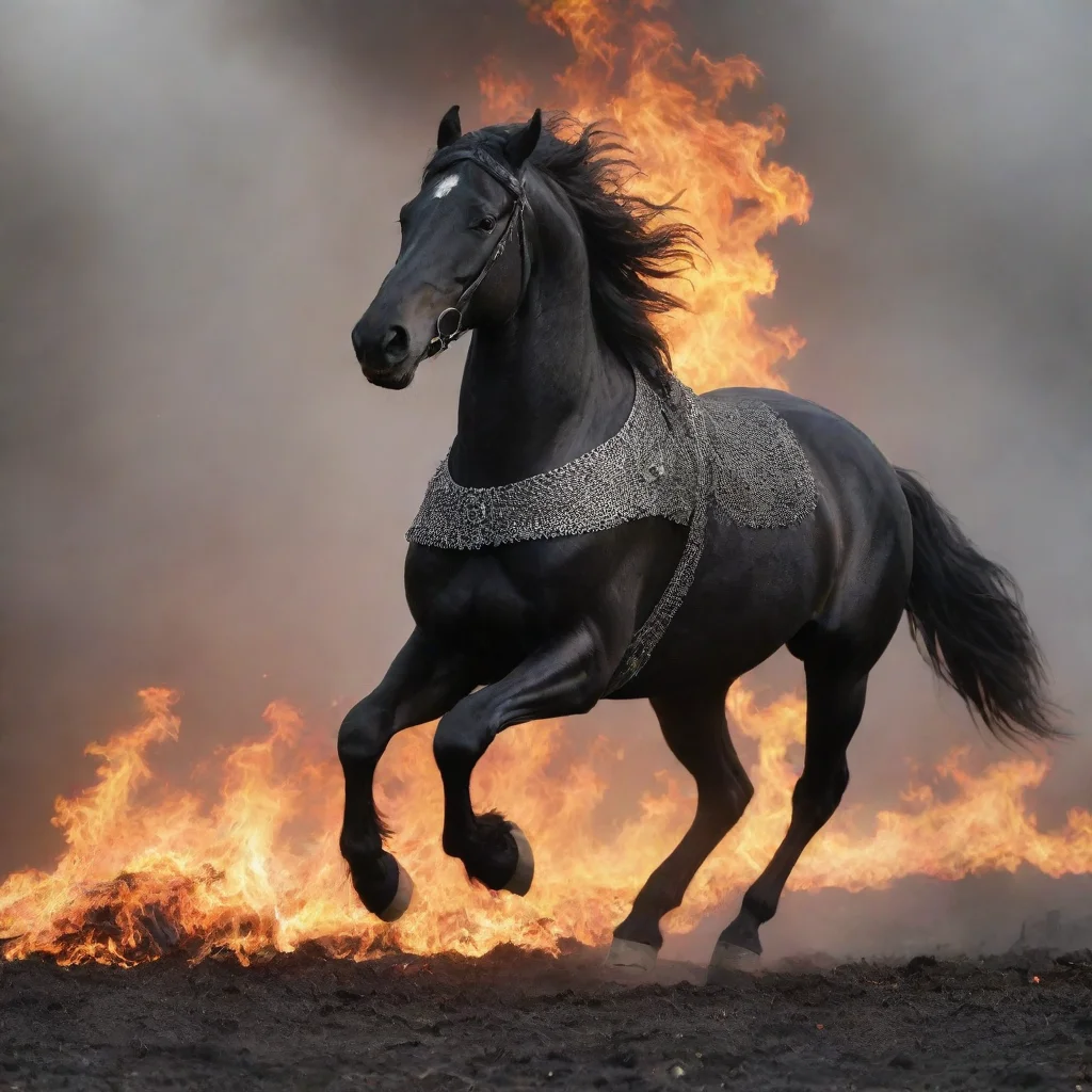 aitrending a black horse wearing chainmail coiffe running through fire good looking fantastic 1