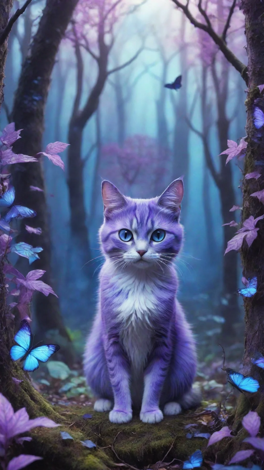 aitrending a cat fantasy art in an enchanted forest with purple and blue colors  good looking fantastic 1 hdtall