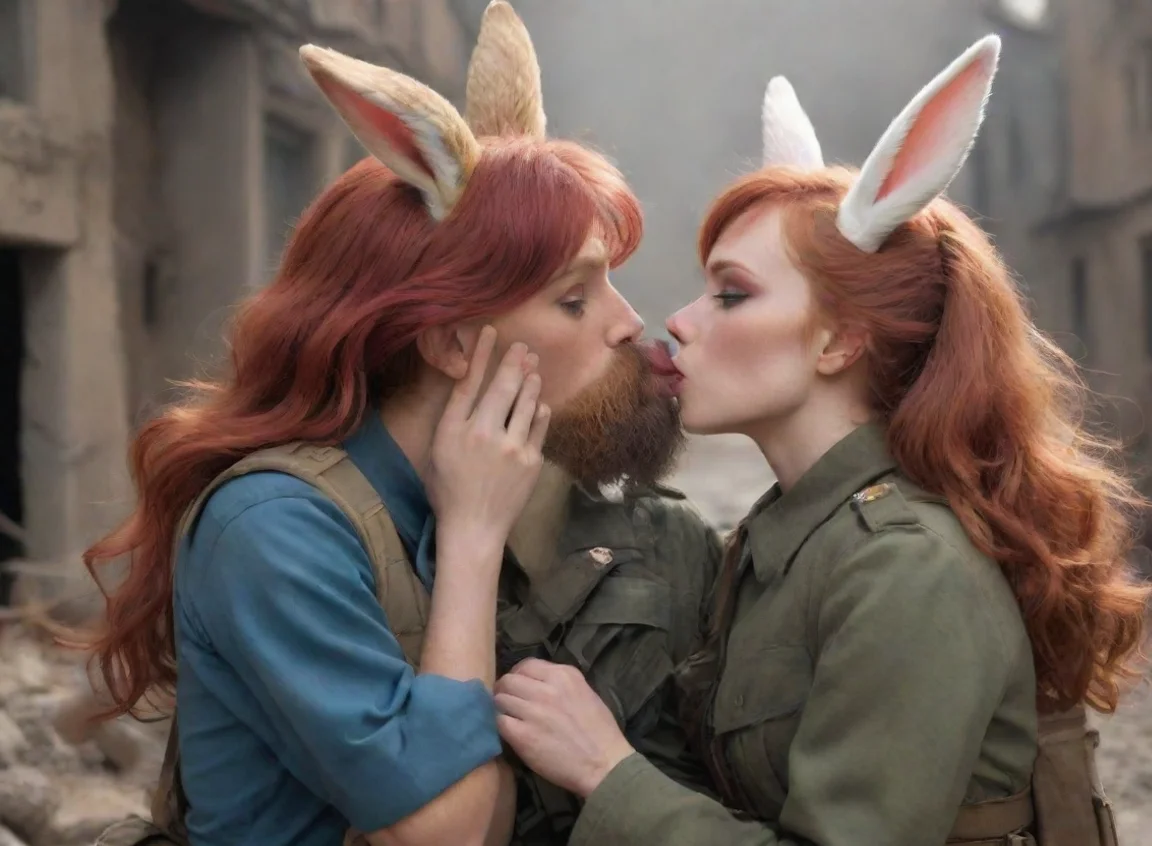 aitrending a female anthro bunny tomboy redhead and a male bearded swedish soldier kissing in a warzone good looking fantastic 1 landscape43