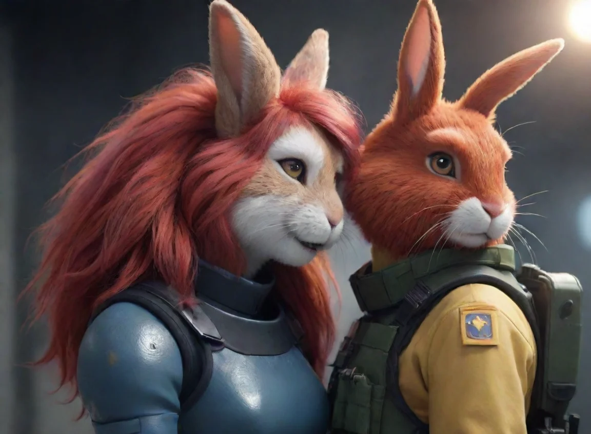 aitrending a female anthro furry rabbit redhead with a male human swedish space soldier with beard in a warzone romantic hd good looking fantastic 1 landscape43