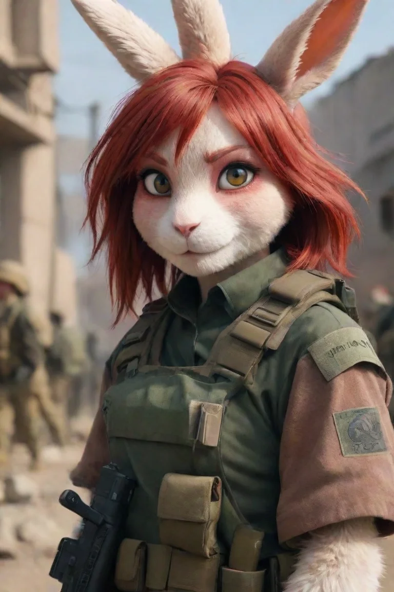 aitrending a female anthro furry rabbit redhead with ptsd in a warzone hd good looking fantastic 1 portrait