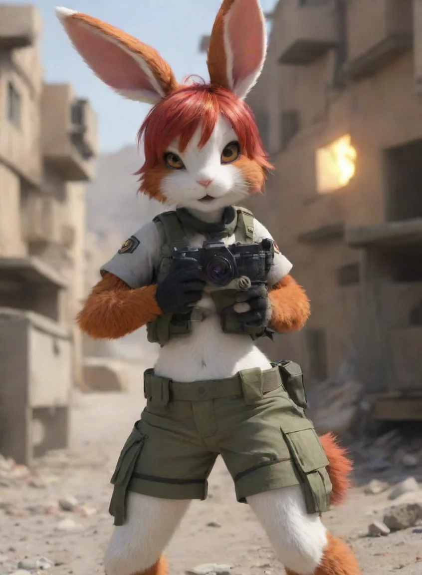 aitrending a female tomboy anthro furry bunny redhead with a camera in a warzone hd good looking fantastic 1 portrait43