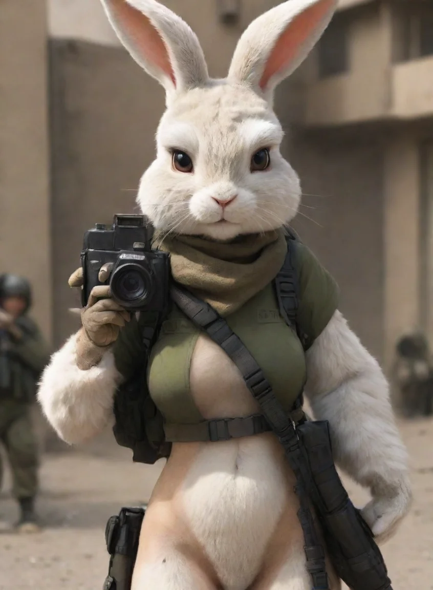 aitrending a femenine anthro furry rabbit woman bobcut with camera in a warzone hd good looking fantastic 1 portrait43
