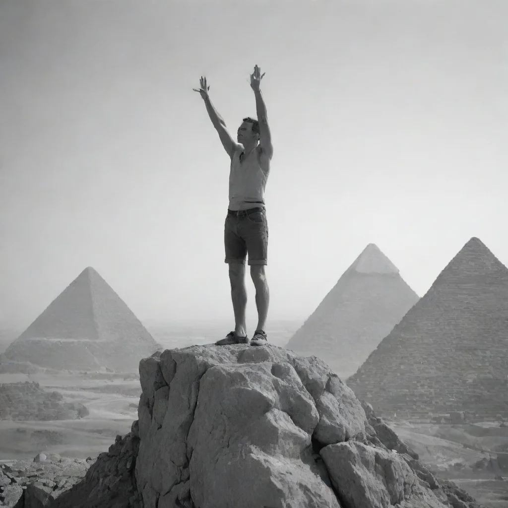 aitrending a greyscale image of a man standing atop a cliff with his hands in the air and pyramids in the background good looking fantastic 1