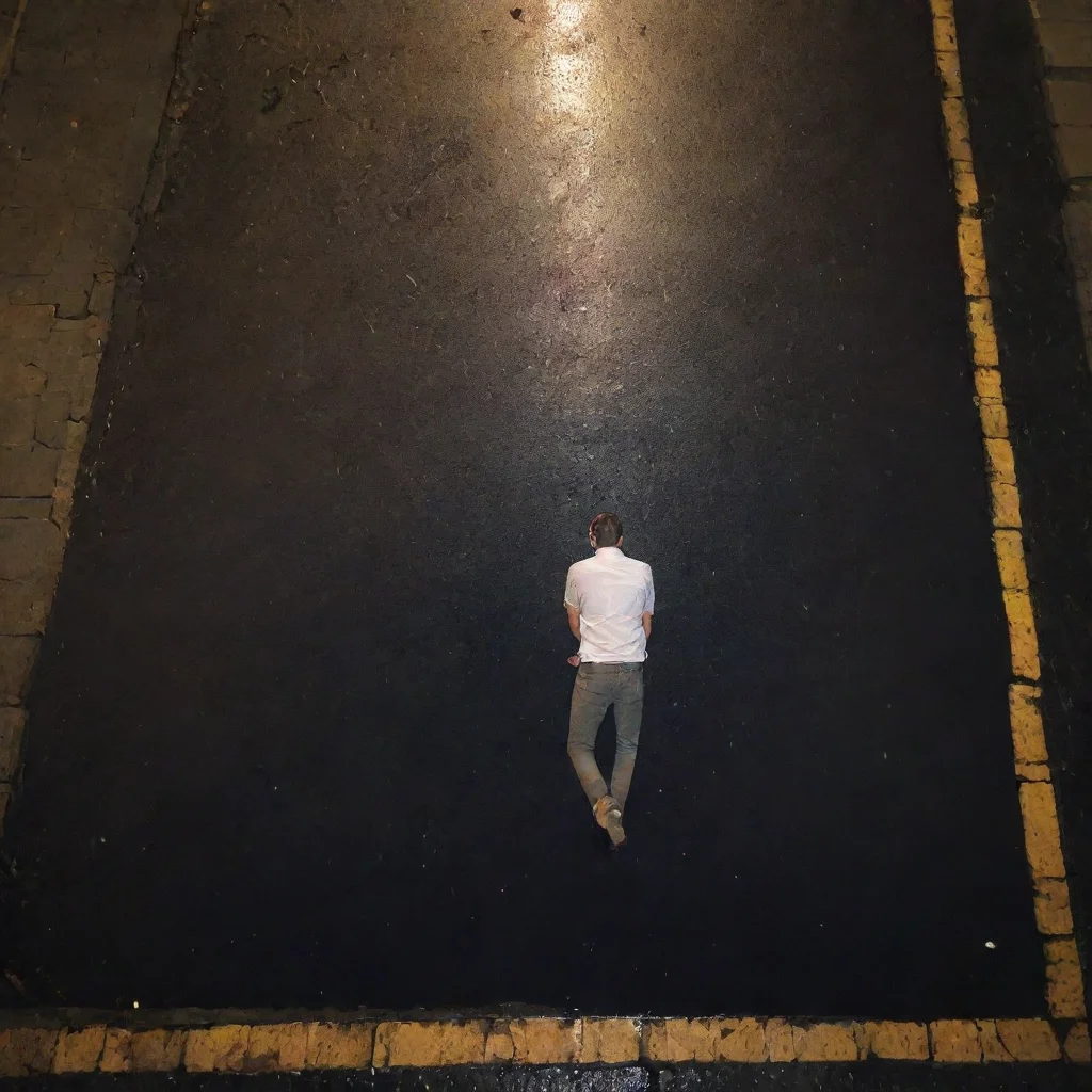 aitrending a guy lying on a puddle on the asphalt seen from above. it is raining and night time with city lights reflected on the asphat. good looking fantastic 1