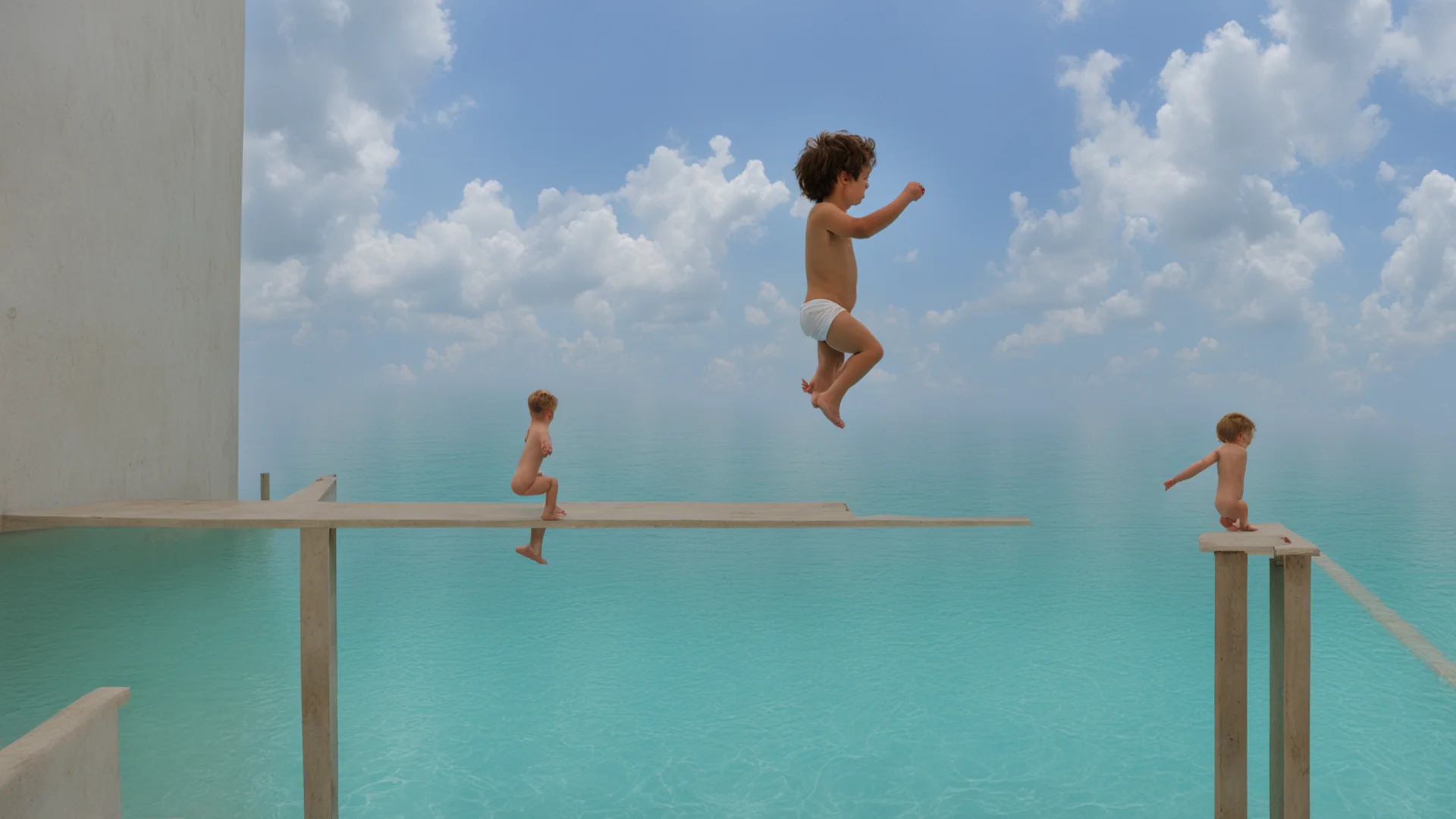 aitrending a kid preparing to make a swim jump from really high platform good looking fantastic 1 wide