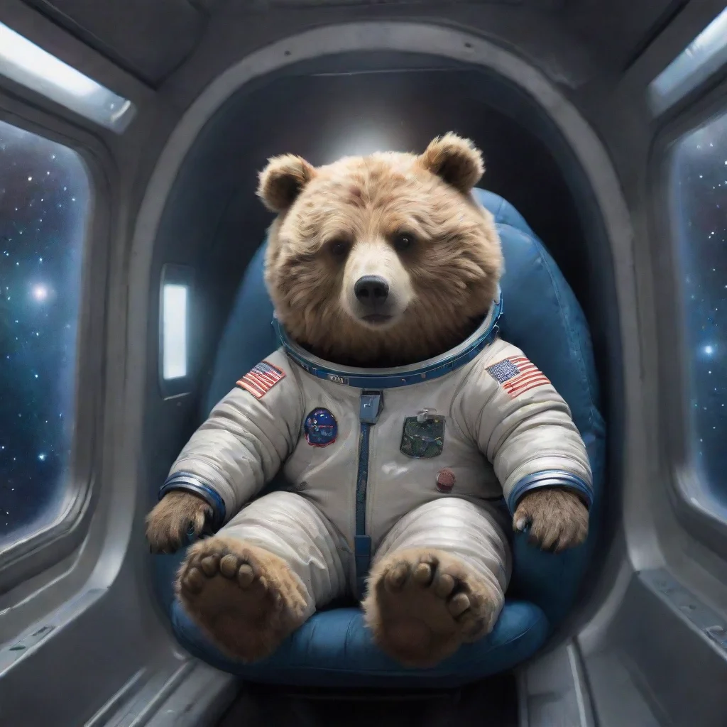 aitrending a lazy bear wearing a space suit inside a spaceship heading towards a quasar. good looking fantastic 1