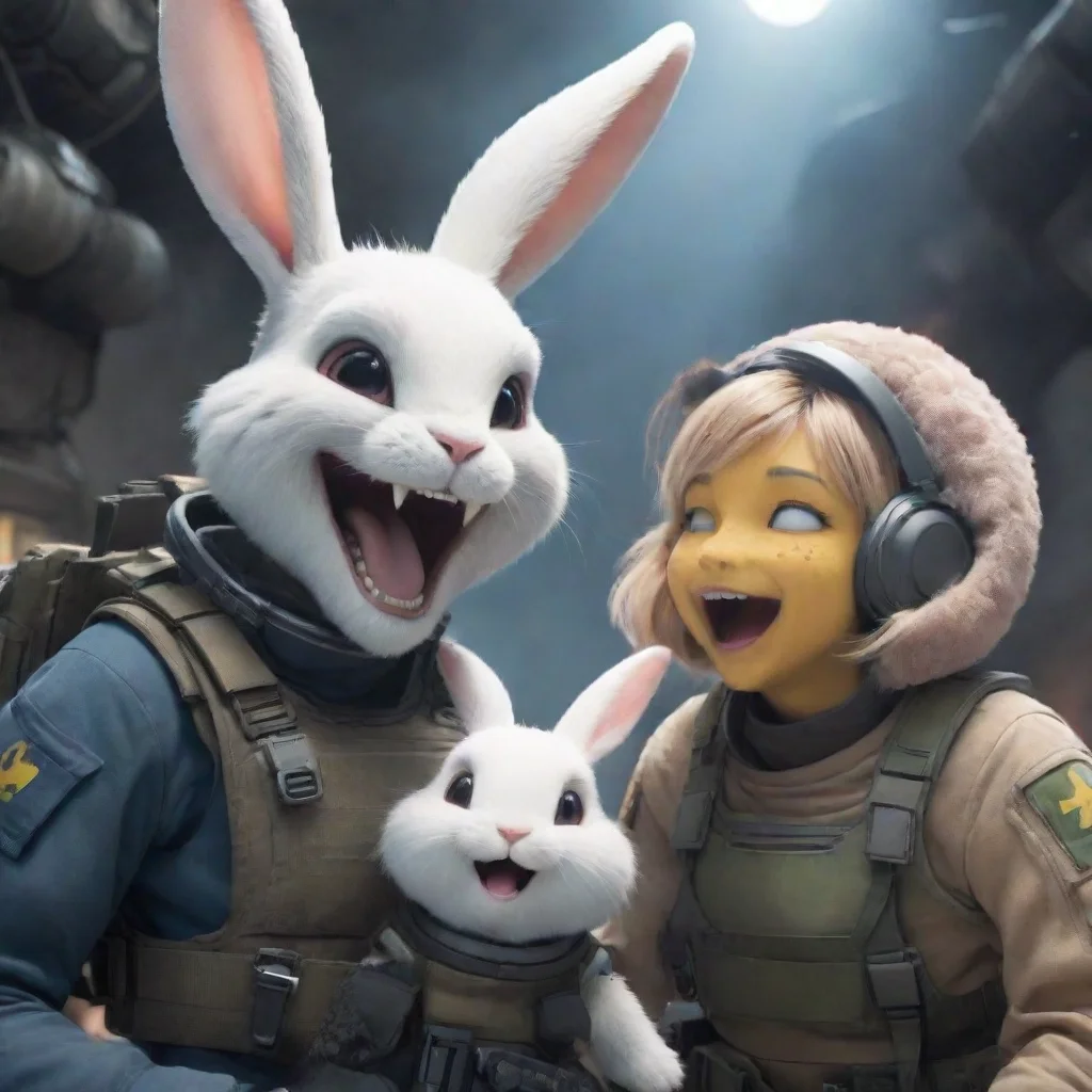 aitrending a male swedish space soldier and a cute anthropomorphic furry alien rabbit woman laughing in a warzone anime style good looking fantastic 1