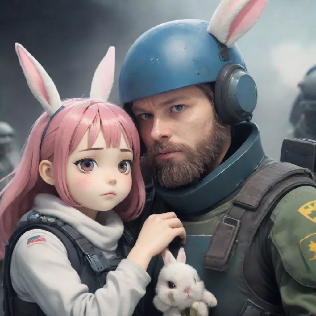 aitrending a male swedish space soldier with beard comfort a cute scared anthropomorphic alien rabbit woman in a warzone anime style good looking fantastic 1