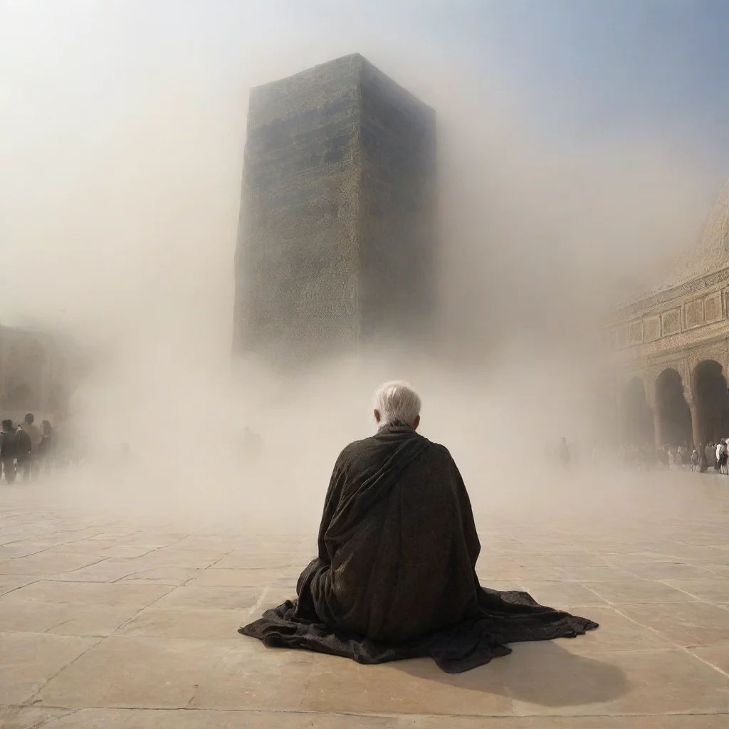 trending a near real wallpaper in which an old man covered in shroud is sitting in front on kaba and it is mist environemnt good looking fantastic 1