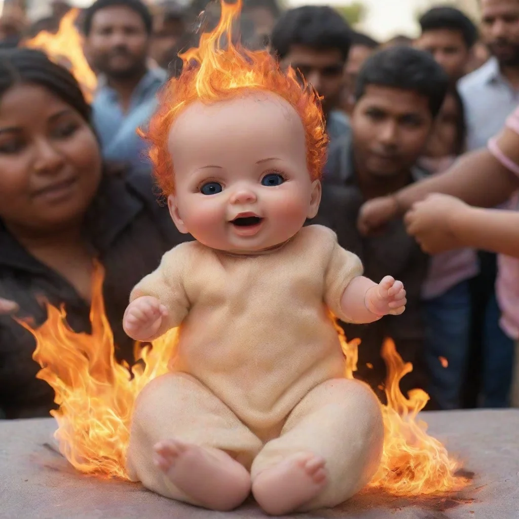 aitrending a newborn baby doll on fire with people cheering good looking fantastic 1