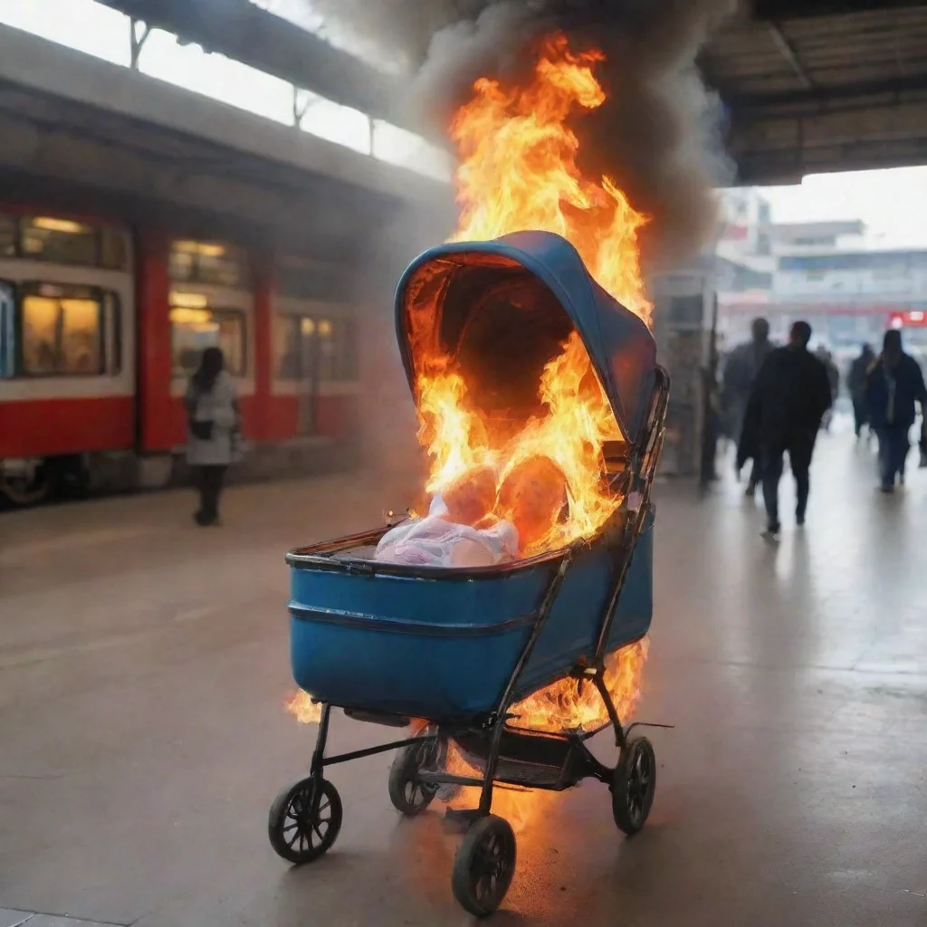 aitrending a newborn baby in a buggy on fire in a train station good looking fantastic 1