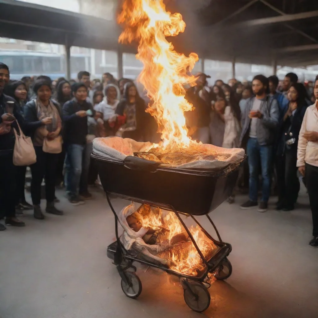 aitrending a newborn baby in a buggy on fire in a train station with people cheering good looking fantastic 1