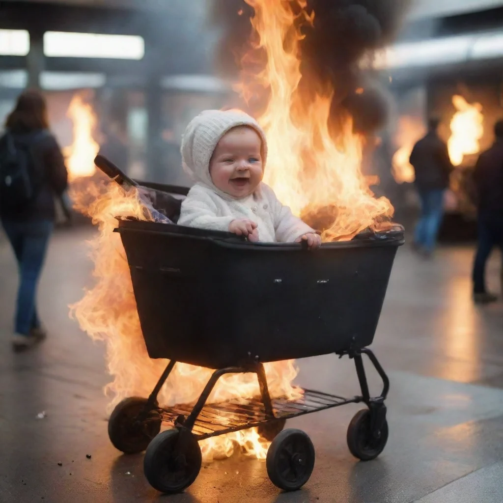aitrending a newborn baby in a buggy on fire in a train station with people laughing good looking fantastic 1