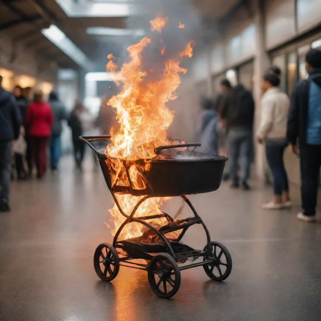 aitrending a newborn baby in a buggy on fire in a train station with people laughing in a background good looking fantastic 1