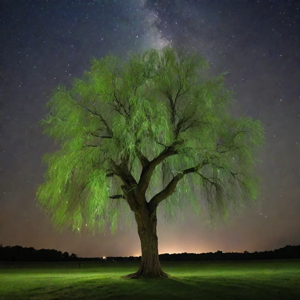 aitrending a really pretty and aesthetic green willow tree and a bright star at night good looking fantastic 1