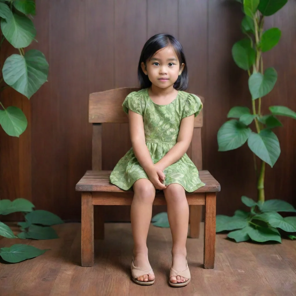 aitrending a six year old indonesian girl sit on the wood chair. interior wood feel with leaves on the wooden floor. good looking fantastic 1