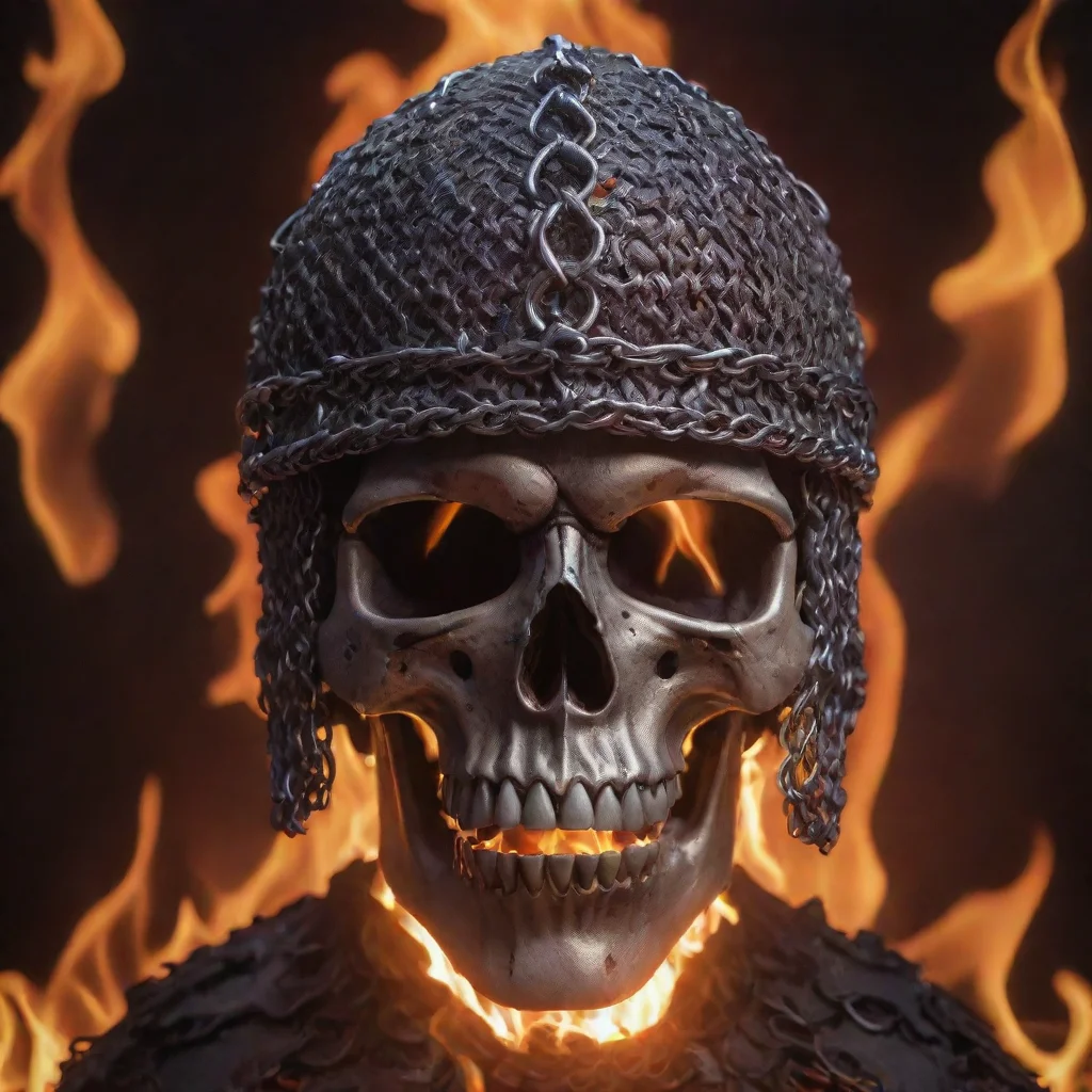 aitrending a skull in a chainmail coiffe with a fire background good looking fantastic 1
