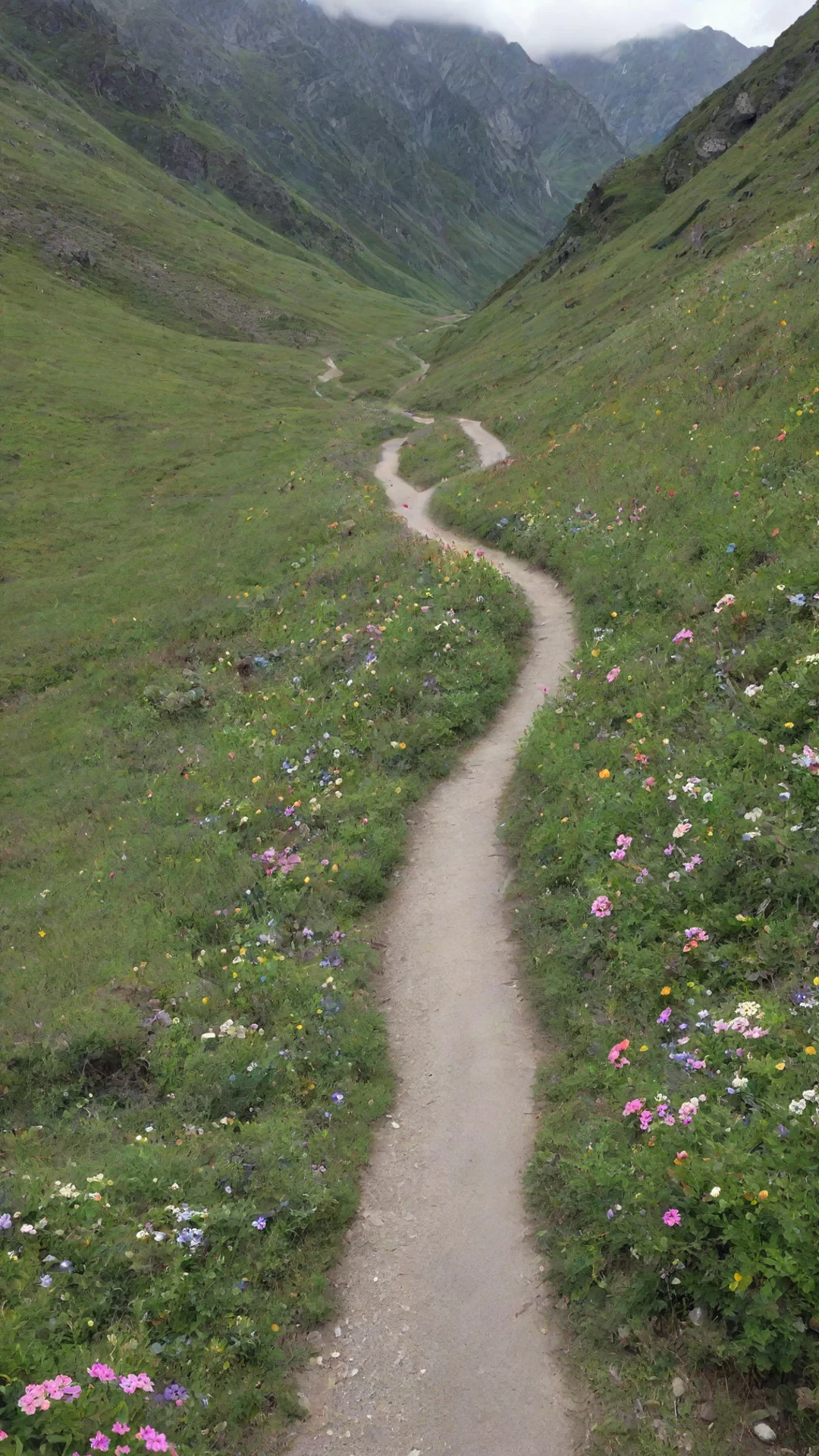 trending a small road in the mountain side with many flowers. good looking fantastic 1 tall