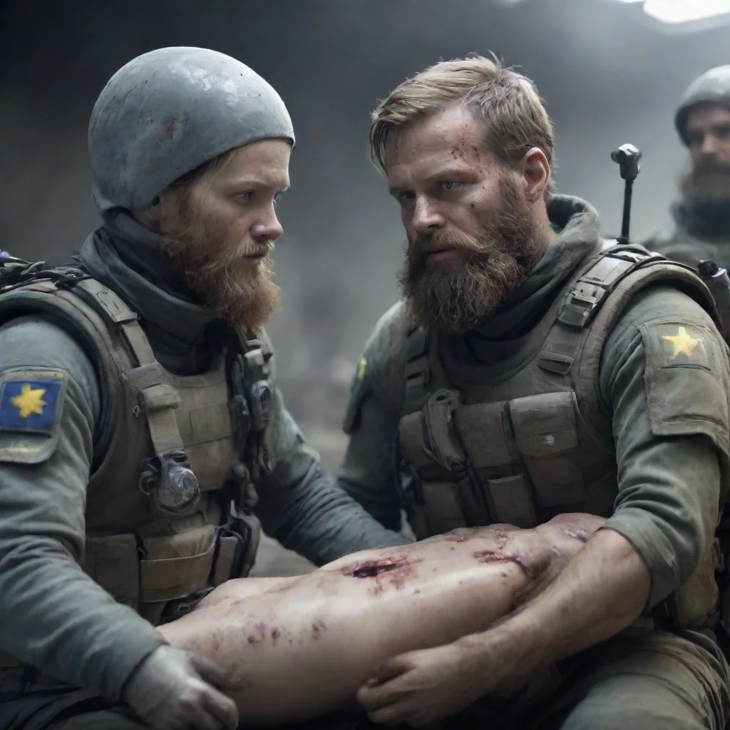 aitrending a swedish space soldier man with beard helping wounded alien girls in a warzone hd good looking fantastic 1