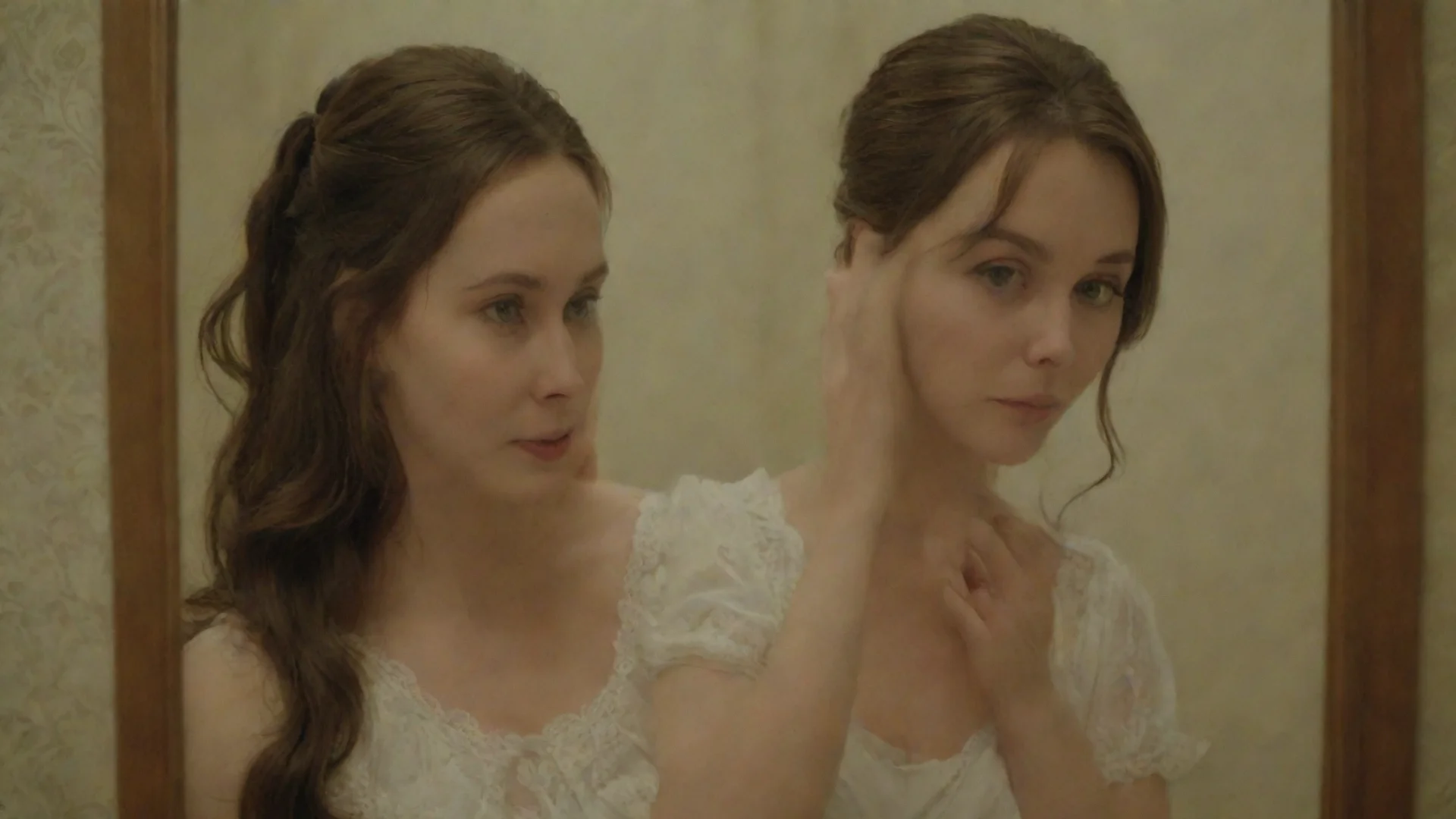 aitrending a woman looking at herself in a mirror with nostalgy good looking fantastic 1 wide