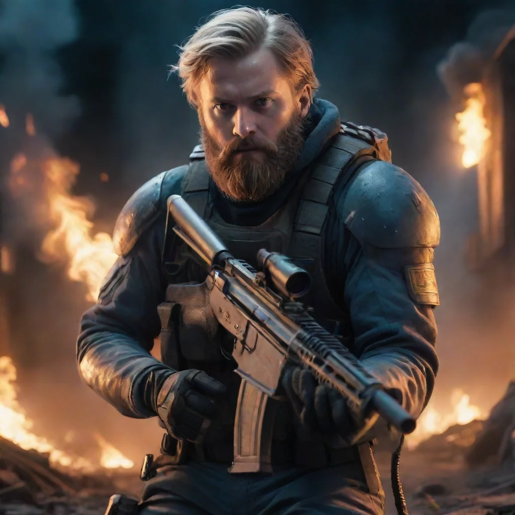 aitrending a young angry swedish space soldier with a beard shooting in a burning alien city at nighttime. good looking fantastic 1