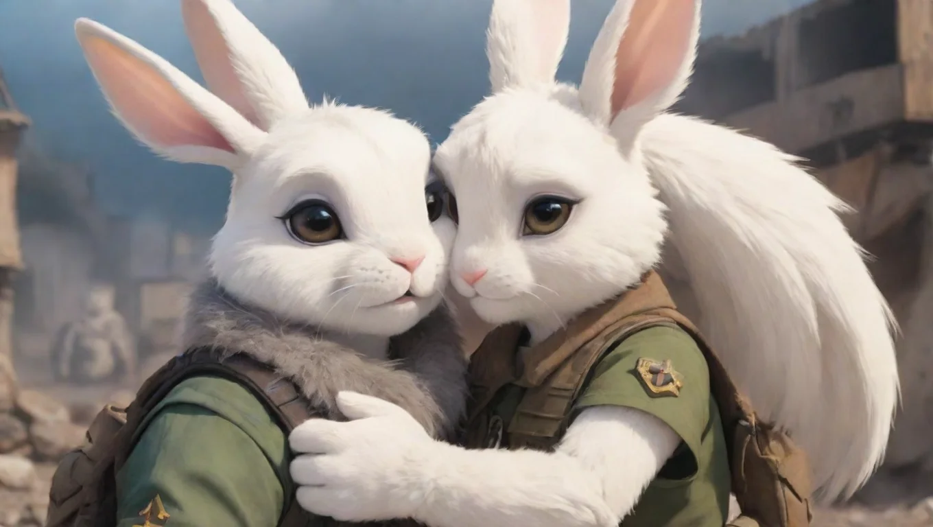 aitrending a young bearded swedish human man hugging a female anthro furry rabbit romanticly in a warzone anime style cartoon good looking fantastic 1 widescreen