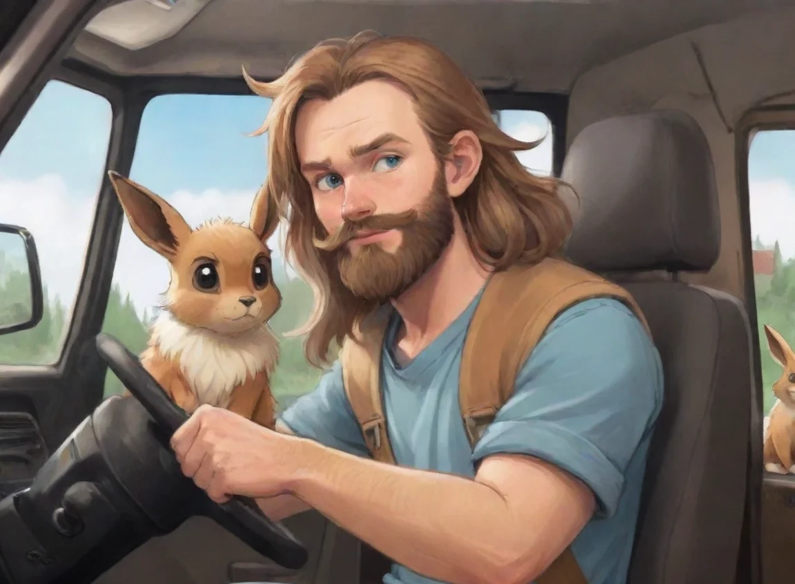 aitrending a young bearded swedish trucker man driving truck with pet eevee cartoon anime style good looking fantastic 1 landscape43