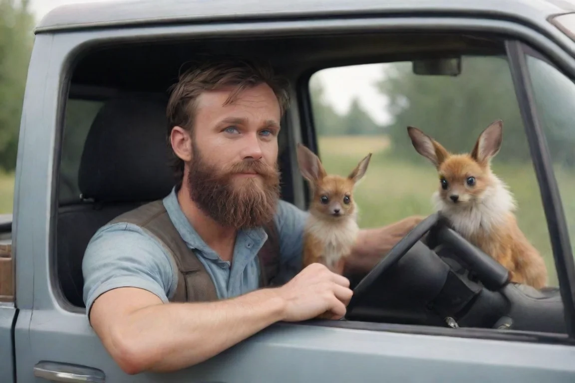aitrending a young bearded swedish trucker man driving truck with pet eevee realistic hd good looking fantastic 1 landscape