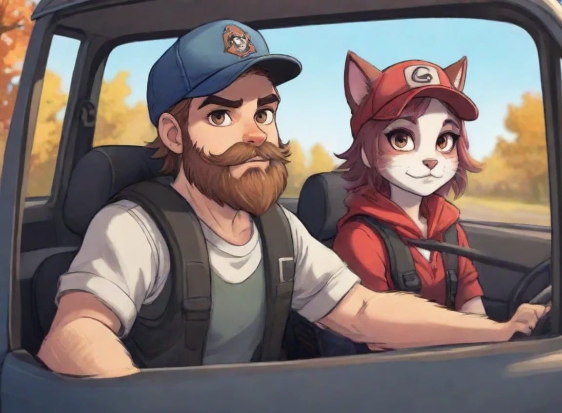 aitrending a young bearded trucker man with baseballcap driving with anthro furry tomboy punk catgirl couple lovers autumn cartoon anime style good looking fantastic 1 landscape43