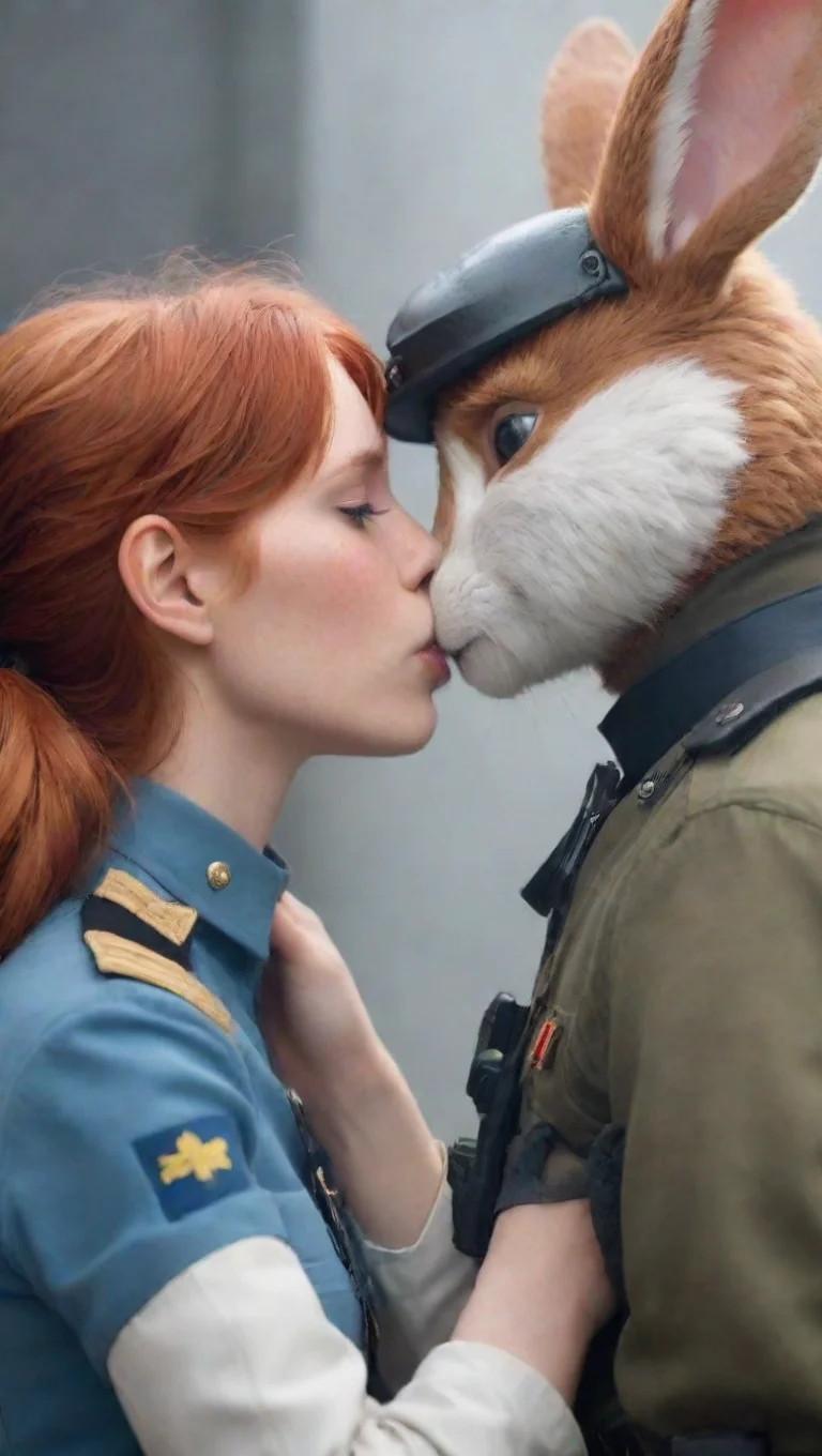 aitrending a young human swedish soldier man kissing a female anthro furry rabbit tomboy redhead kissing romantically sci fi hd good looking fantastic 1 tall