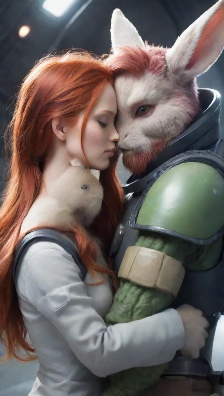 aitrending a young male human bearded swedish space soldier hugging a female anthro alien rabbit redhead romantic hd good looking fantastic 1 tall