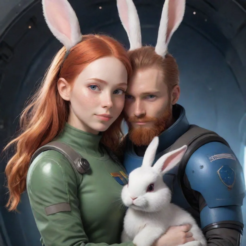 aitrending a young male human bearded swedish space soldier hugging a female anthro alien rabbit redhead romantic hd good looking fantastic 1