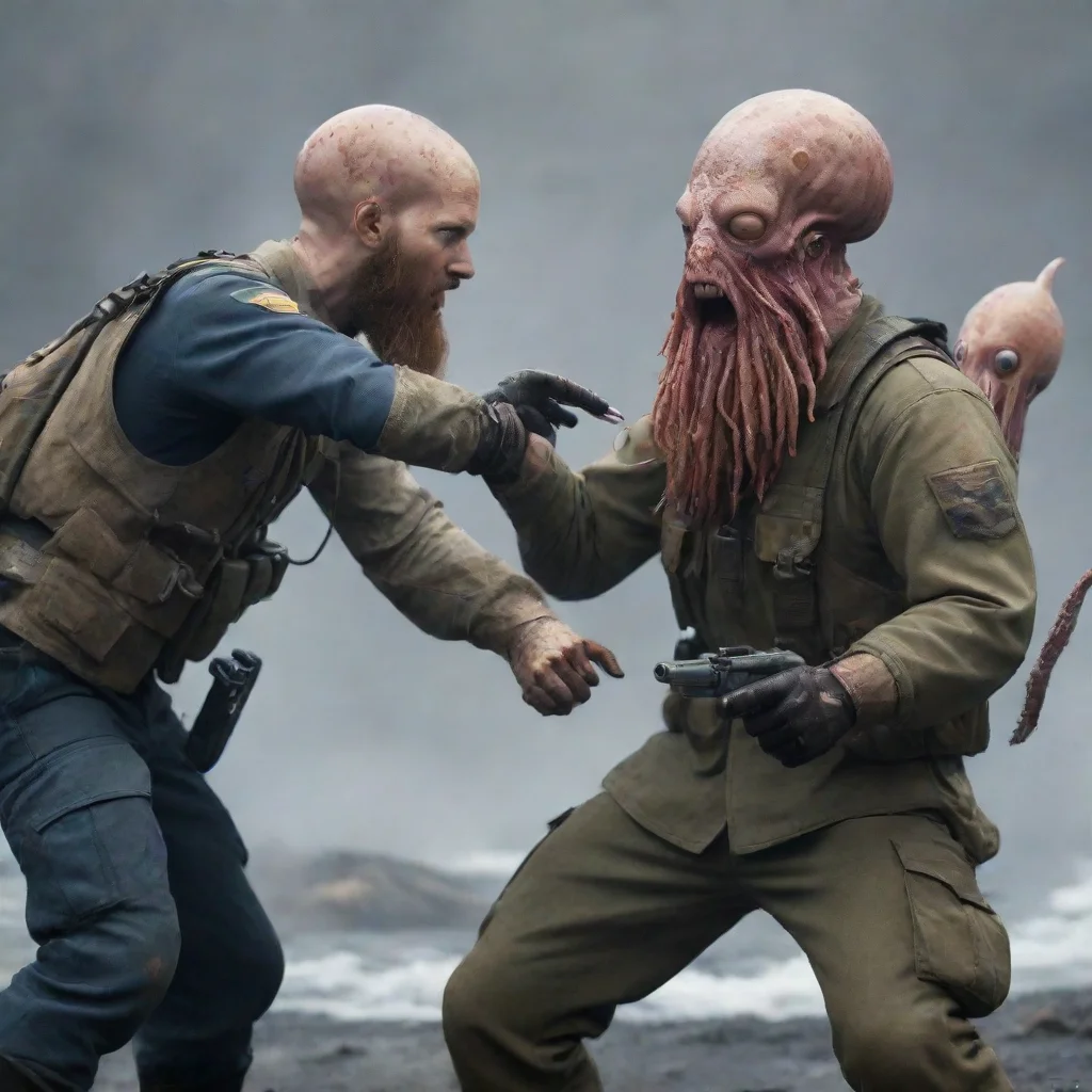 trending a young swedish soldier with a beard fighting a squid alien in a warzone good looking fantastic 1