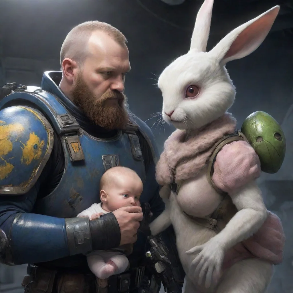 aitrending a young swedish space marine with beard helping a scared anthropomorphic alien bunny woman and her baby. good looking fantastic 1