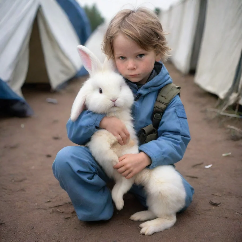 aitrending a young swedish space soldier playing with an anthropomorphic furry rabbit baby in a refugee camp. good looking fantastic 1