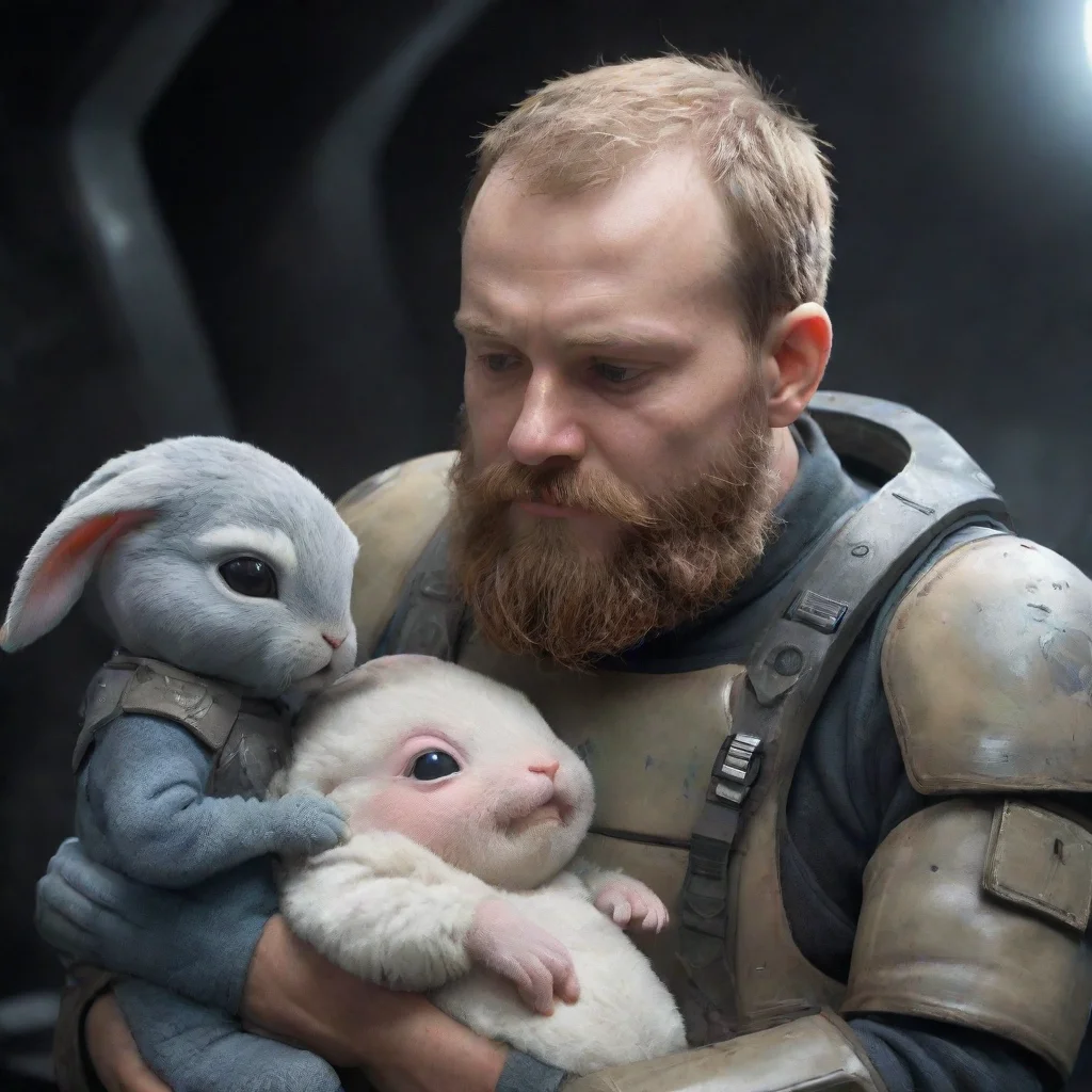 trending a young swedish space soldier with a beard comforting a crying alien baby bunny. good looking fantastic 1