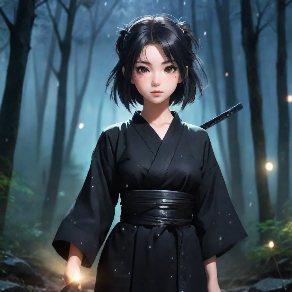 aitrending aesthetic grunge realistic japanese anime girl with katana wearing black yukata night forest shining sparkles background good looking fantastic 1
